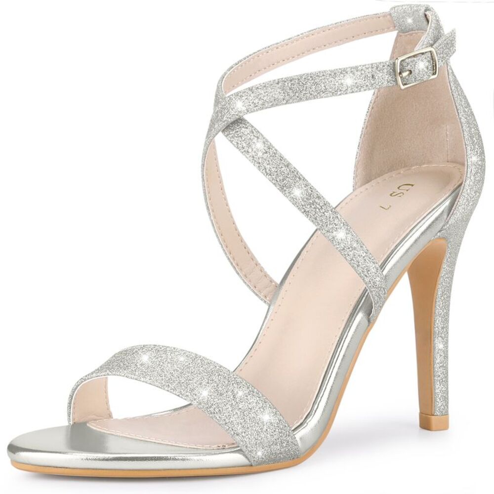 Glitter Crisscross Strappy Stiletto Heels Sandals Silver